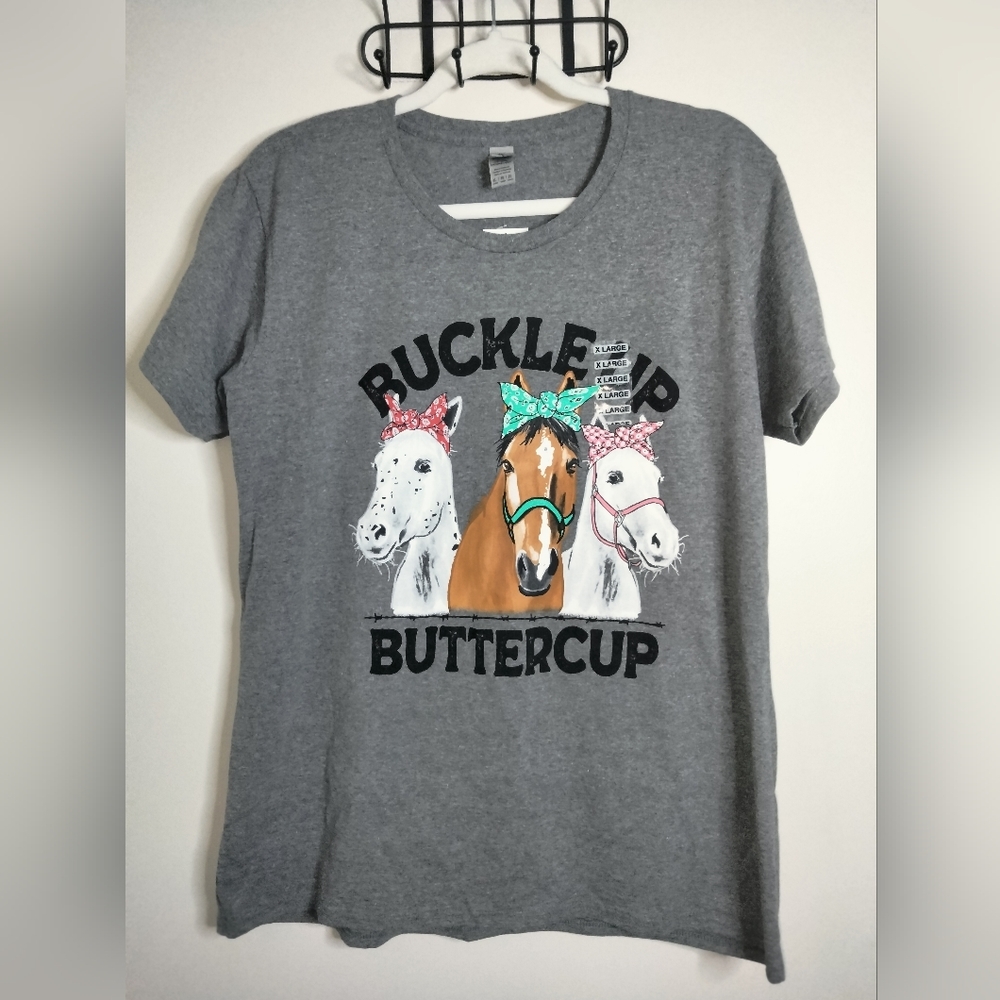 Buckle Up Buttercup (Size XL) Gray Equestrian Graphic T-Shirt (NEW-NWT)